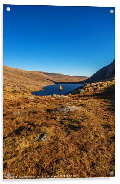 Lake in rural landscape with female backpacker Snowdonia Acrylic by Spotmatik 