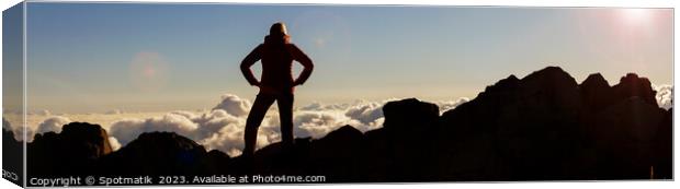 Panoramic Silhouette young female hiker Haleakala Park Maui Canvas Print by Spotmatik 