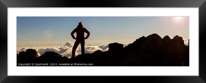 Panoramic Silhouette young female hiker Haleakala Park Maui Framed Mounted Print by Spotmatik 