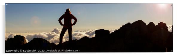 Panoramic Silhouette young female hiker Haleakala Park Maui Acrylic by Spotmatik 