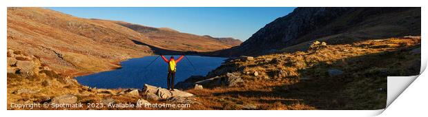 Panoramic female backpacker enjoying scenic lake view Snowdonia Print by Spotmatik 