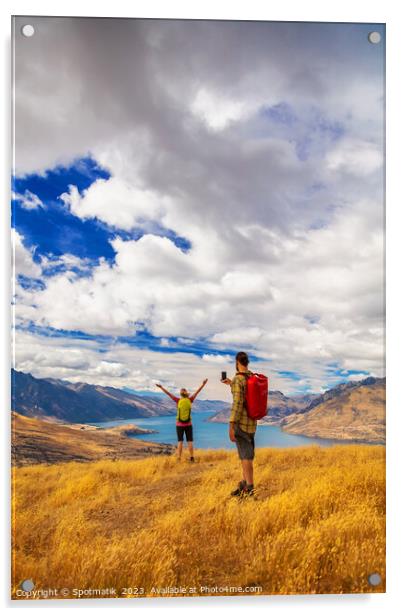 Travel Happy couple taking picture Lake Wakatipu South Island Acrylic by Spotmatik 