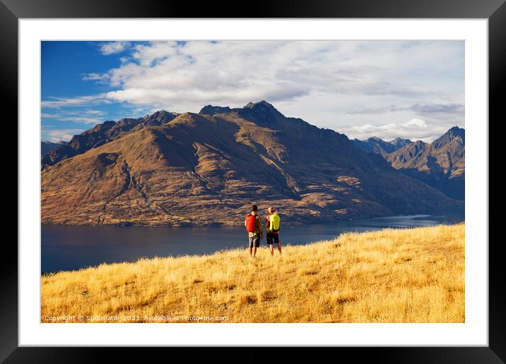 Young Couple Backpackers outdoor hiking The Remarkables Framed Mounted Print by Spotmatik 