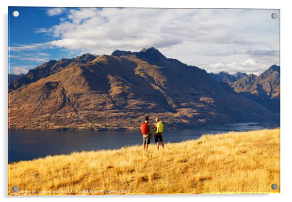 Young Couple Backpackers outdoor hiking The Remarkables Acrylic by Spotmatik 