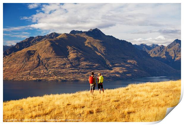 Young Couple Backpackers outdoor hiking The Remarkables Print by Spotmatik 