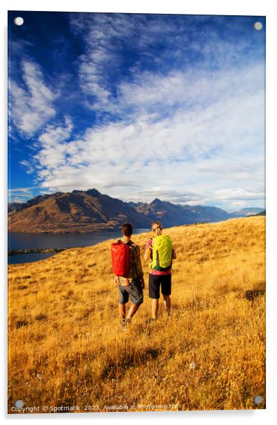 New Zealand trekking couple viewing Lake Wakatipu Otago Acrylic by Spotmatik 