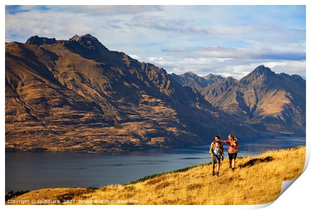 Hikers on trekking expedition enjoying view Lake Wakatipu  Print by Spotmatik 
