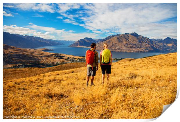 Adventure couple on vacation hiking trip South Island Print by Spotmatik 
