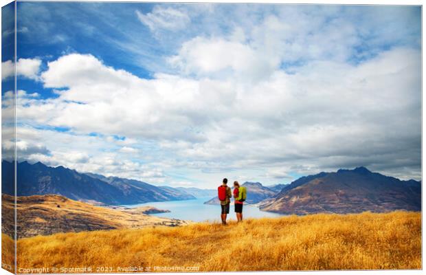 New Zealand adventure couple hiking The Remarkables Otago Canvas Print by Spotmatik 