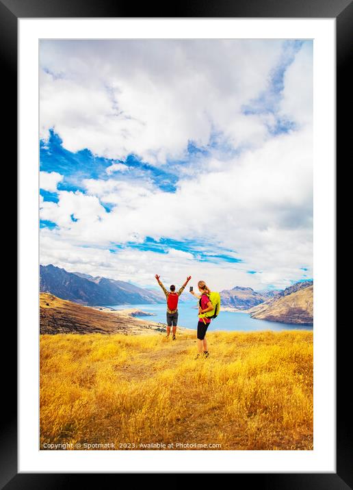 Happy female using smartphone taking travel photo friend Framed Mounted Print by Spotmatik 