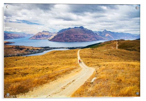 New Zealand Male female hikers trekking The Remarkables Acrylic by Spotmatik 