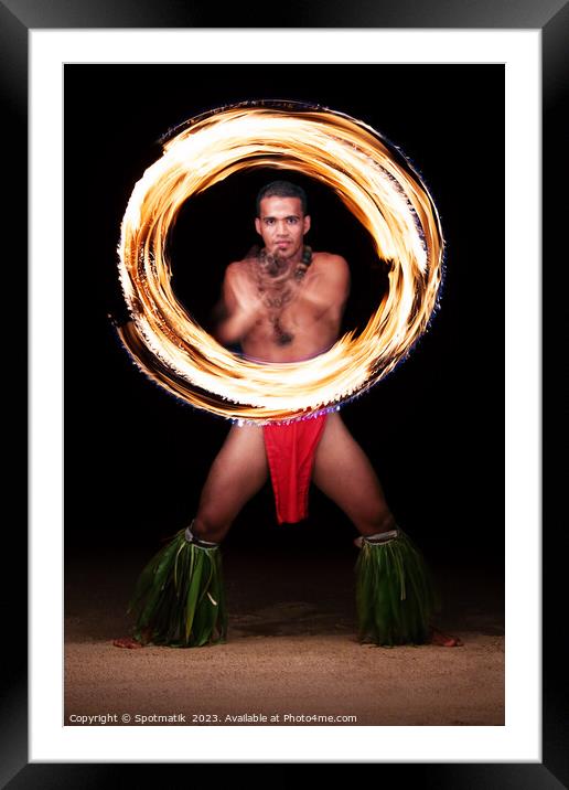 Male Fire dancer illuminated spinning flaming torch Polynesia  Framed Mounted Print by Spotmatik 