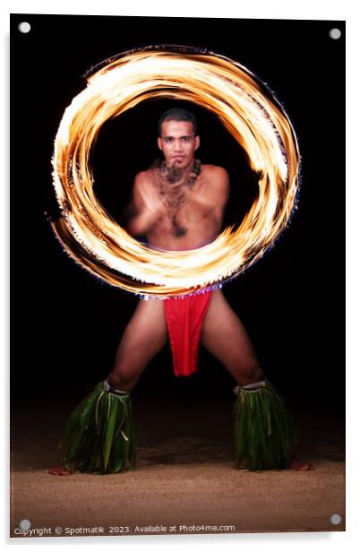 Male Fire dancer illuminated spinning flaming torch Polynesia  Acrylic by Spotmatik 