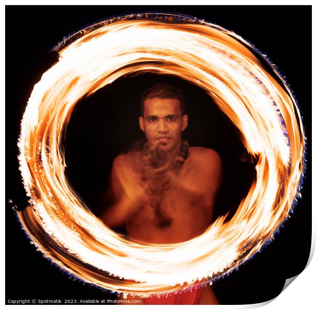 Male Polynesian Fire dancer performing Ring of Fire  Print by Spotmatik 