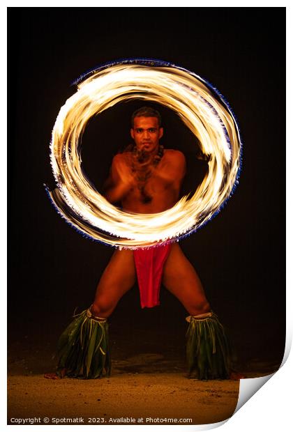 Male Fire dancer with illuminated spinning flaming torch  Print by Spotmatik 