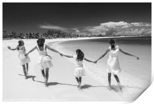 Happy Beach family in white walking holding hands  Print by Spotmatik 