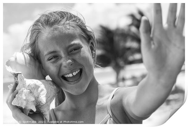 Portrait of beautiful girl with seashell on beach Print by Spotmatik 