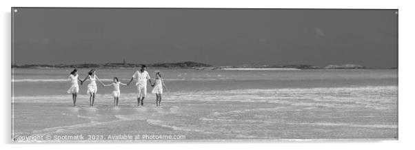 Panorama of mother father with family walking on beach  Acrylic by Spotmatik 