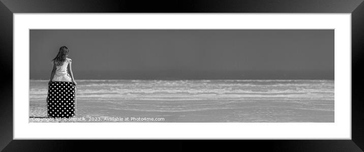 Panorama Portrait of girl cruise travel luggage on beach Framed Mounted Print by Spotmatik 