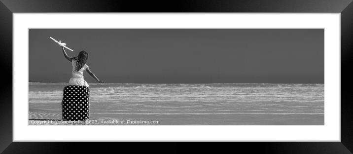 Panorama Portrait of girl airplane cruise travel on beach Framed Mounted Print by Spotmatik 