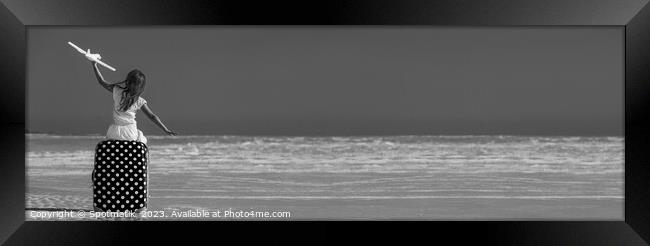 Panorama Portrait of girl airplane cruise travel on beach Framed Print by Spotmatik 