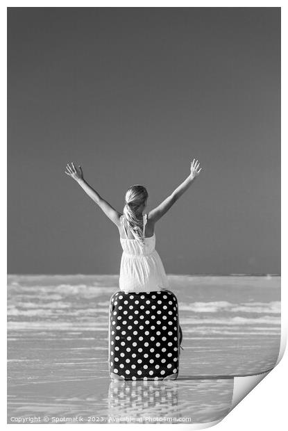 Blonde female teenager on beach sitting on suitcase Print by Spotmatik 