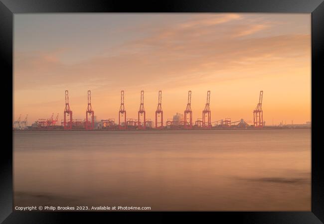 Liverpool Cranes Sunrise Framed Print by Philip Brookes
