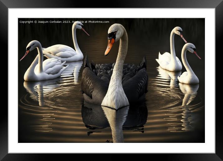 Beautiful illustrated painting, several black swan Framed Mounted Print by Joaquin Corbalan