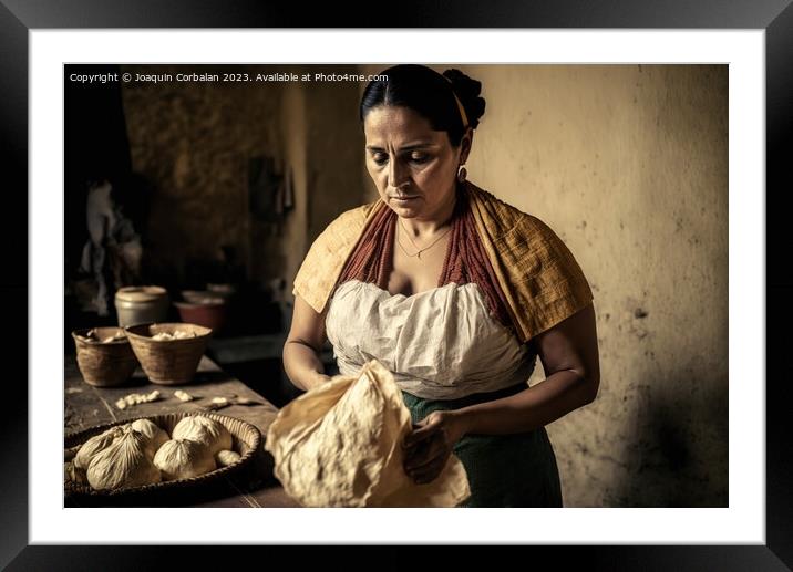 Latin woman prepares with natural ingredients hall Framed Mounted Print by Joaquin Corbalan