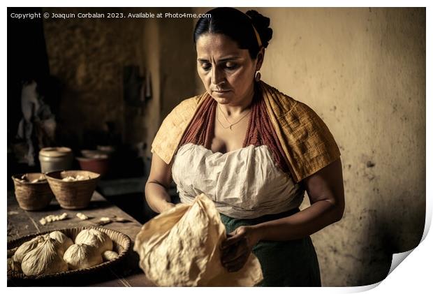 Latin woman prepares with natural ingredients hall Print by Joaquin Corbalan