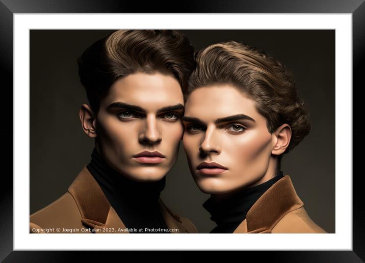 Studio portrait of two twin brothers, models look, Framed Mounted Print by Joaquin Corbalan