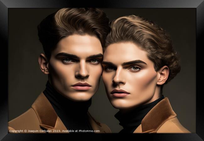 Studio portrait of two twin brothers, models look, Framed Print by Joaquin Corbalan