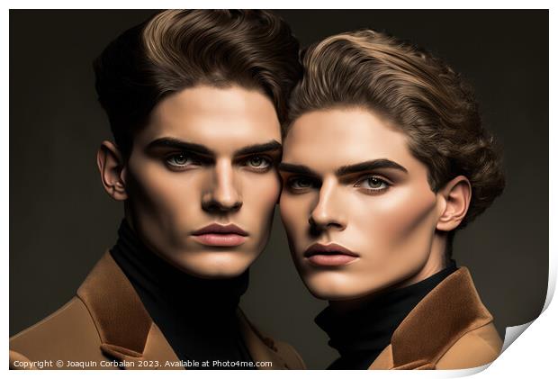 Studio portrait of two twin brothers, models look, Print by Joaquin Corbalan