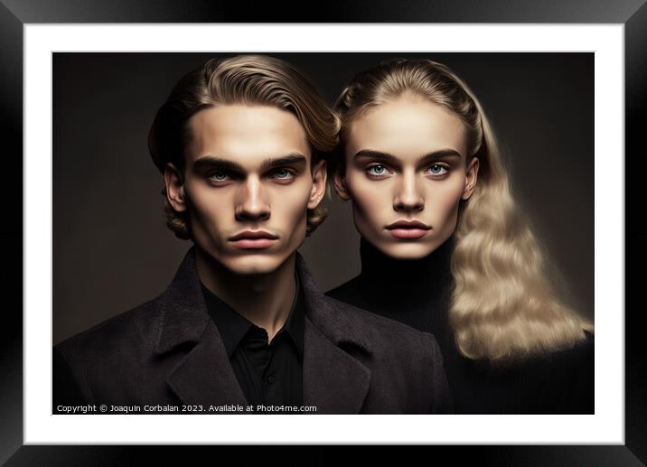 Studio portrait of two twin brothers, models look, Framed Mounted Print by Joaquin Corbalan