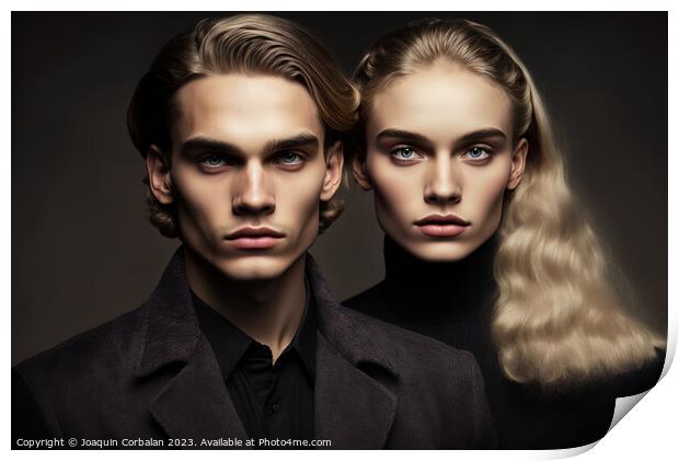 Studio portrait of two twin brothers, models look, Print by Joaquin Corbalan