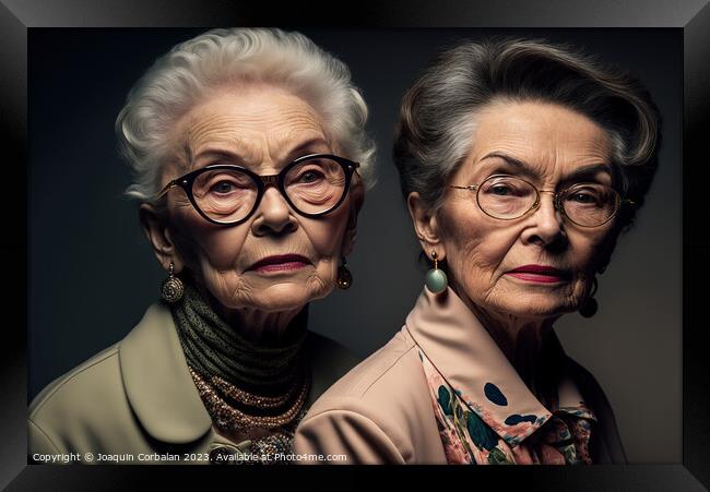 Studio portrait of two elderly sister ladies with  Framed Print by Joaquin Corbalan