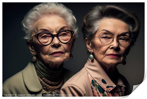 Studio portrait of two elderly sister ladies with  Print by Joaquin Corbalan