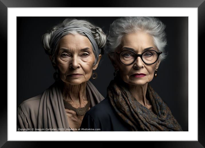 Studio portrait of two elderly sister ladies with  Framed Mounted Print by Joaquin Corbalan