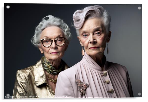 Studio portrait of two elderly sister ladies with  Acrylic by Joaquin Corbalan