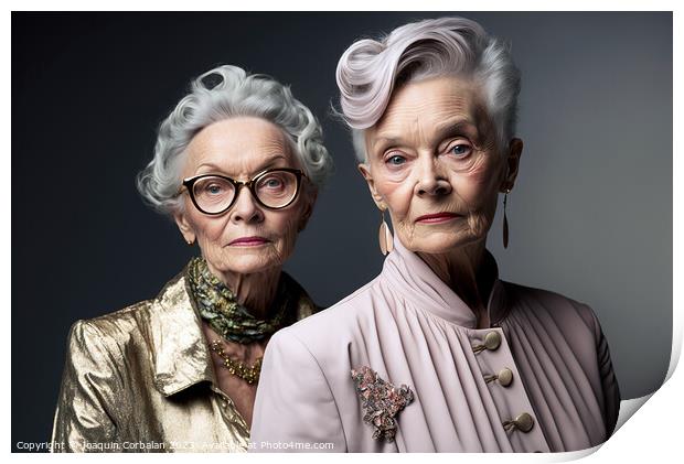 Studio portrait of two elderly sister ladies with  Print by Joaquin Corbalan