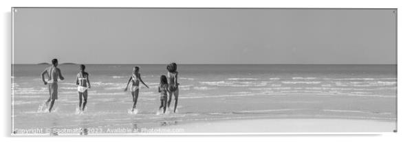 Panorama Caucasian parents and daughters Caribbean beach Acrylic by Spotmatik 
