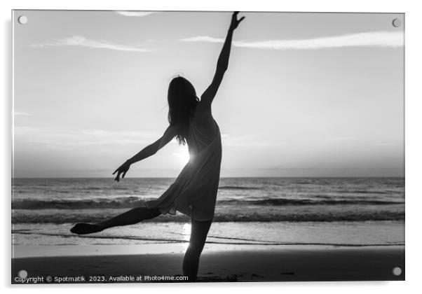 Sunset view carefree young girl dancing on beach Acrylic by Spotmatik 