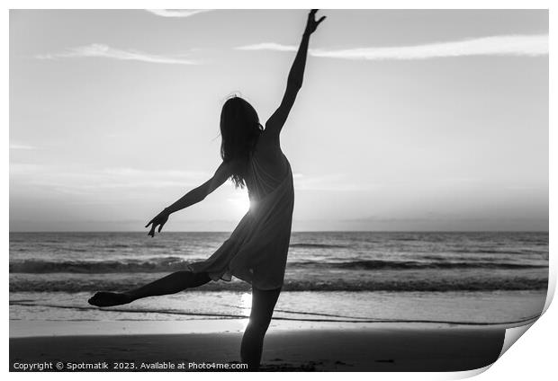 Sunset view carefree young girl dancing on beach Print by Spotmatik 