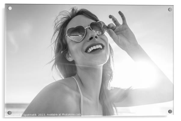 Caucasian girl wearing heart shaped sunglasses on beach Acrylic by Spotmatik 