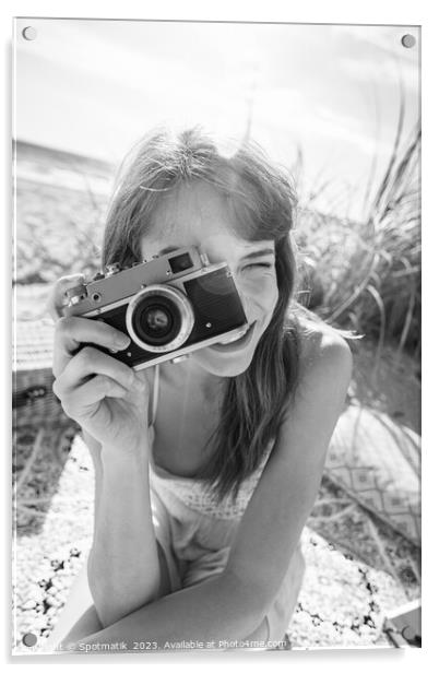 Smiling Caucasian girl with retro camera photograph beach vacation Acrylic by Spotmatik 