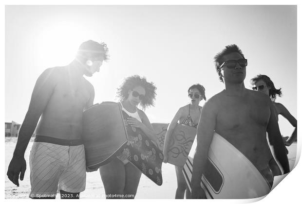 Group of friends with bodyboards on beach vacation Print by Spotmatik 