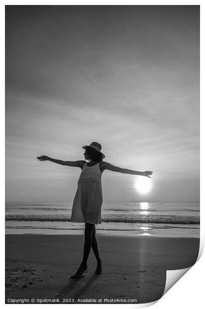 African American woman dancing on beach at sunset Print by Spotmatik 