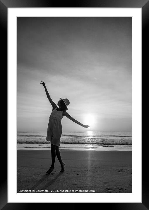 Happy Afro American girl dancing on sunset beach Framed Mounted Print by Spotmatik 