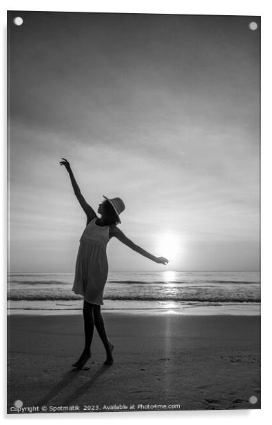 Happy Afro American girl dancing on sunset beach Acrylic by Spotmatik 