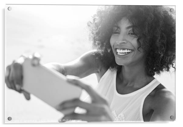 Afro American girl on beach vacation taking selfies Acrylic by Spotmatik 